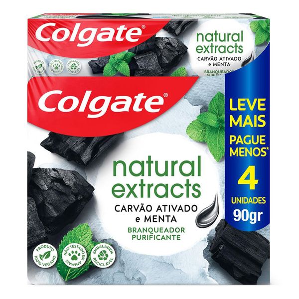KIt Pasta de Dente Gel Clareador Natural Extracts Carvão Ativado 4 Unidades de 90g