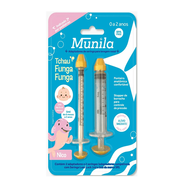 Kit 2 Seringas + 2 Adaptadores para Lavagem Nasal Munila Baby Tchau Funga Funga 0 a 2 Anos