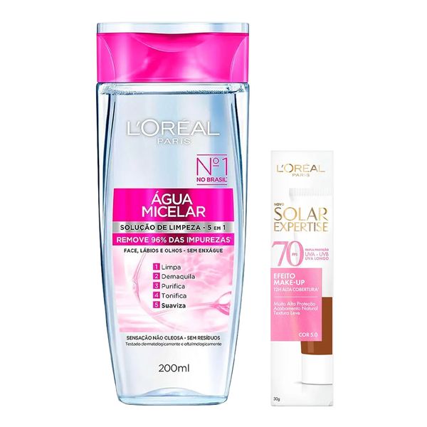 Kit L'Oréal Paris Água Micelar 200ml + Protetor Solar Efeito Make-Up com Cor 5.0 FPS 70 Solar Expertise 30g