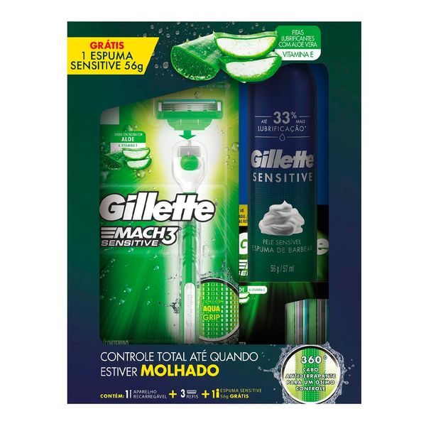Kit Gillette Mach3 Acqua Grip Sensitive 1 Aparelho + 2 Cargas + Espuma 56g