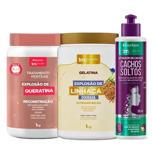Kit Tratamento Queratina + Gelatina de Linhaça + Ativador Cachos Soltos (3 itens) | bn.Cachos