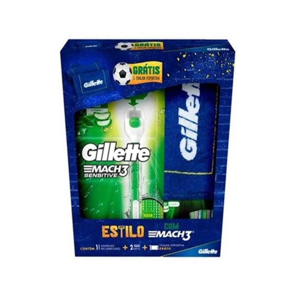 Kit Aparelho para Barbear Gillette Mach3 Recarregável + 2 Cargas para Barbear Sensitive + 1 Toalha Esportiva