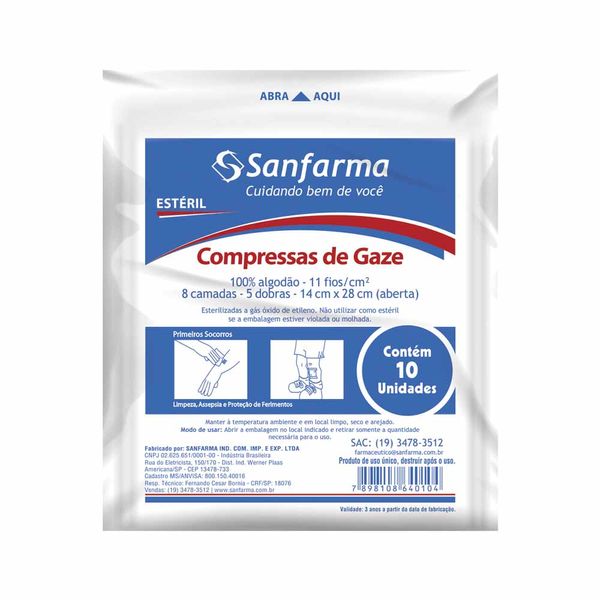 Compressa de Gaze Sanfarma 11 Fios Estéril 10 Unidades