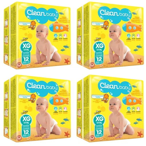 Kit 4 Fraldas Clean Baby Xg c/12 Unidades cada