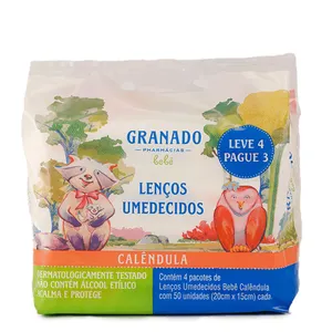 Kit Lenço Umedecido Granado Bebê Calêndula 4 pacotes com 50 Unidades