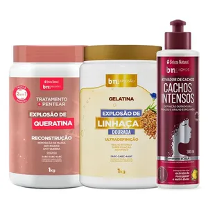 Kit Tratamento Queratina + Gelatina de Linhaça + Ativador Cachos Intensos (3 itens) | bn.Cachos