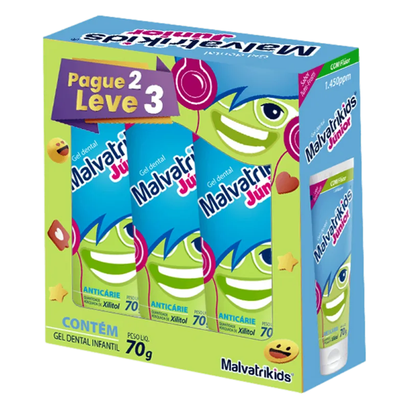 Kit Gel Dental com Flúor Tutti Frutti Malvatrikids Júnior 70g - 3 Unidades