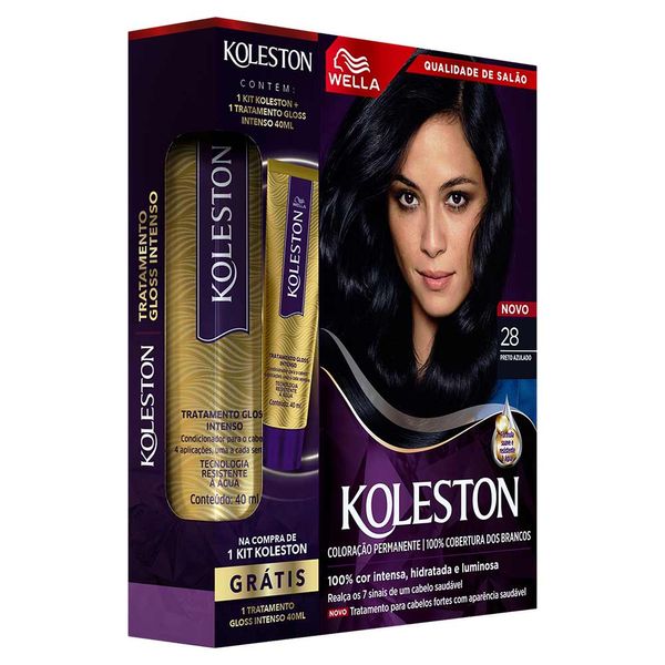 Kit Wella Koleston Coloração Permanente Creme 28 Preto Azulado + Tratamento Gloss Intenso 40ml