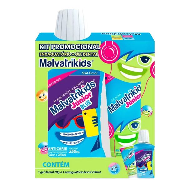 Kit Gel Dental Malvatrikids Júnior com Flúor 70g + Enxaguante Bucal Infantil sem Álcool Tutti Frutti 250ml