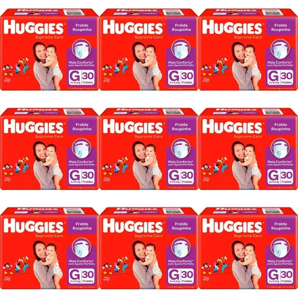 Kit 9 Fraldas Huggies Roupinha Supreme Care G c/30 Unidades