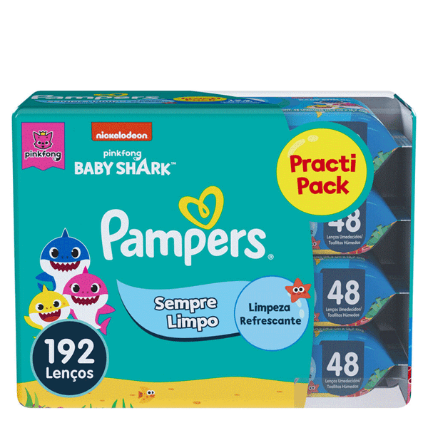 Kit Lenço Umedecido Pampers Splashers Baby Shark 4 Pacotes com 48 Unidades