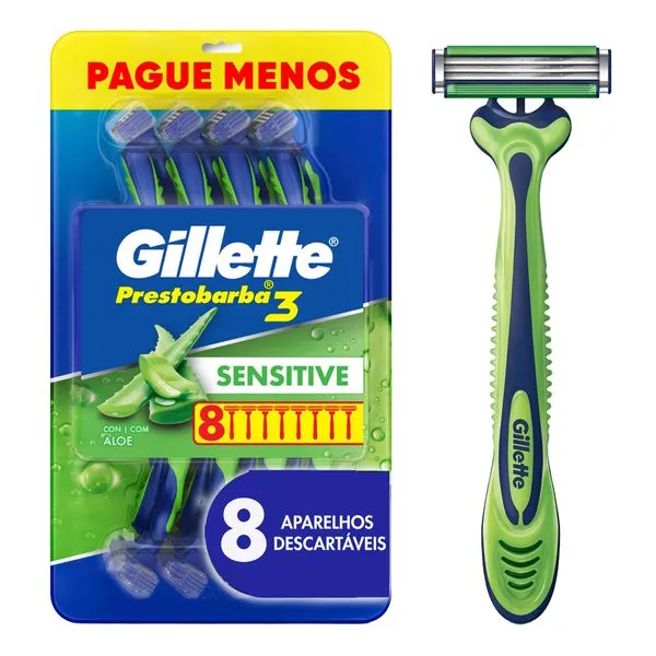 Kit Aparelho de Barbear Gillette Prestobarba3 Sensitive 8 Unidades