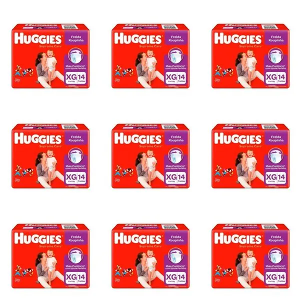 Kit 9 Fraldas Huggies Roupinha Supreme Care Jumbo Xg c/14 Unidades cada