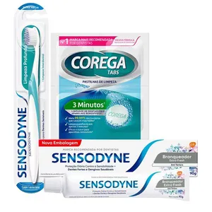 Kit Sensodyne Pasta de Dente Branqueador 90g + Escova Limpeza Profunda + Corega Tabs 3 Minutos 6 Pastilhas