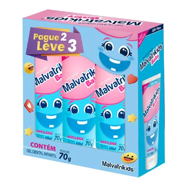 Kit Pasta de Dente Gel Infantil Malvatrikids Baby Tutti Frutti 3 Unidades de 70g