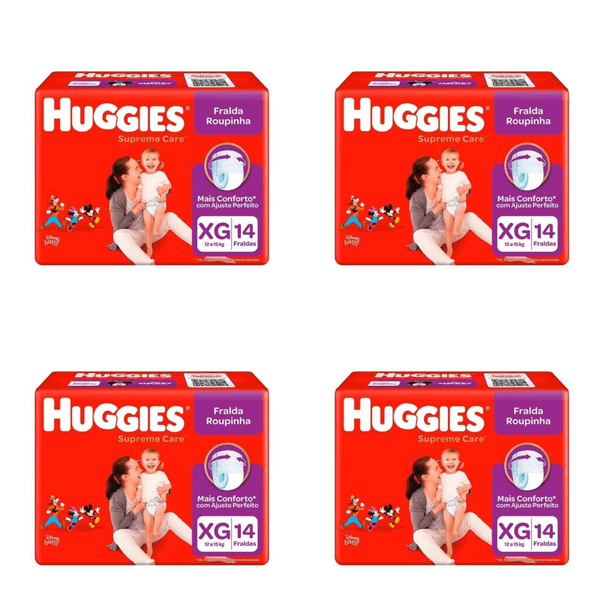 Kit 4 Fraldas Huggies Roupinha Supreme Care Jumbo Xg c/14 Unidades cada