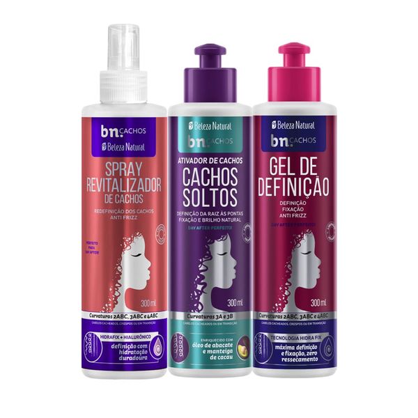 Kit Trio Spray Revitalizador + Ativador de Cachos Soltos + Gel de Definição (3 itens) | bn.Cachos