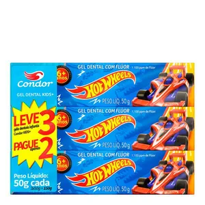Pasta de Dente Infantil Condor Hot Wheels 3 Unidades de 50g