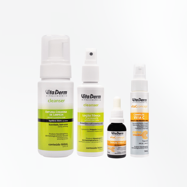 Kit Todos os tipos de pele - Espuma Cremosa de Limpeza Cleanser + Loção Tônica Calmante Cleanser + Serum Vita C + Complex Vita C