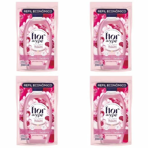 Kit c/4 Sabonetes Líquido Flor De Ype Refil 200ml Flor Macã /Framboesa