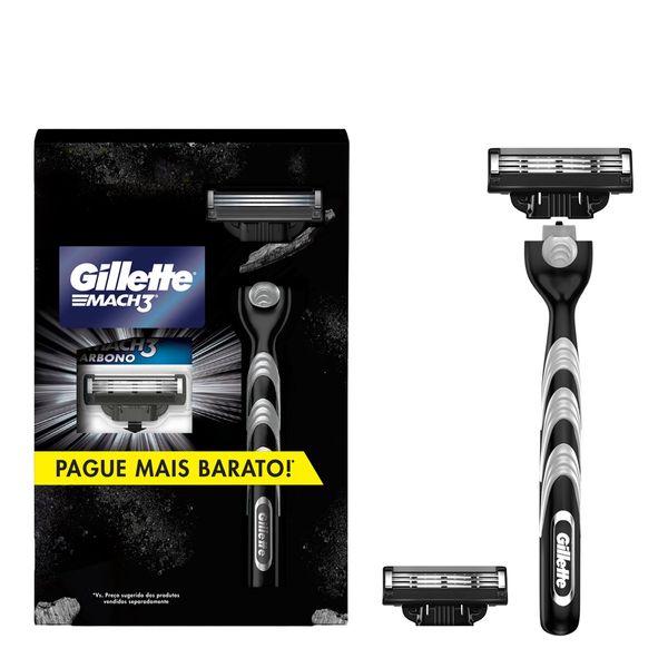 Kit 1 Aparelho Recarregável + 2 Carga para Barbear Gillette Mach3 Carbono