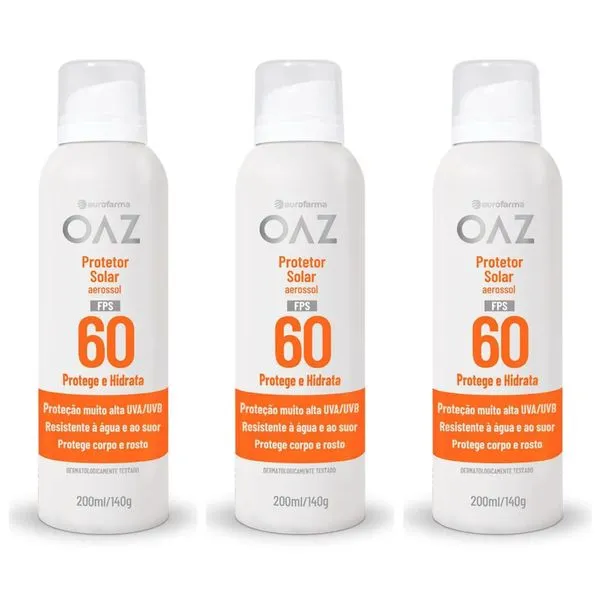Kit com 3 Unidades de Protetor Solar Aerossol Oaz FPS 60 200ml