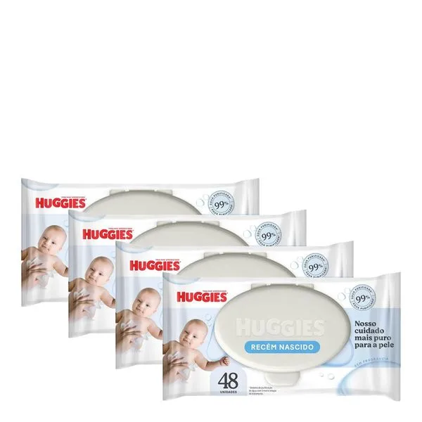Kit Huggies Lenços Umedecidos RN Sem Fragrância 4 Pacotes de 48 Unidades