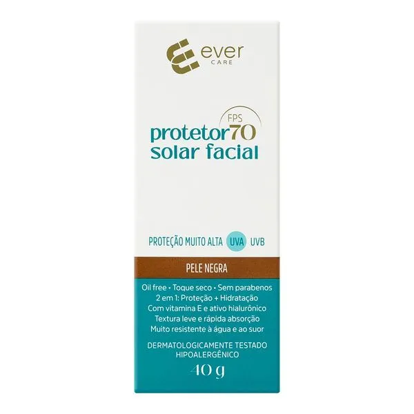 Protetor Solar Facial Ever Care FPS 70 com Cor Pele Negra 40g