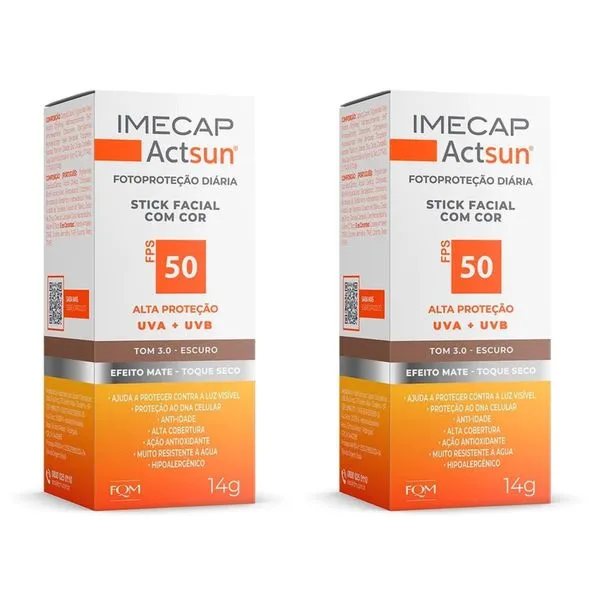 Kit com 2 Unidades de Protetor Solar Facial Stick Imecap Actsun FPS 50 Escuro 14g