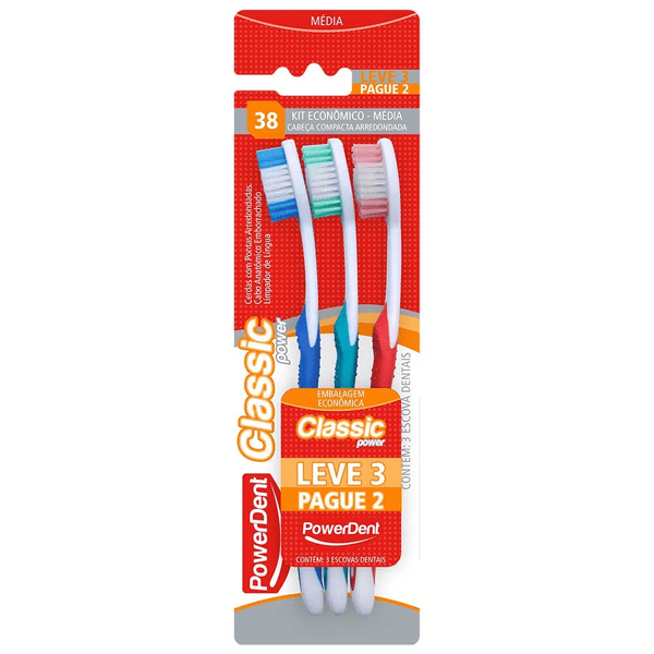 Escova Dental Média Classic Power Powerdent 3 unid