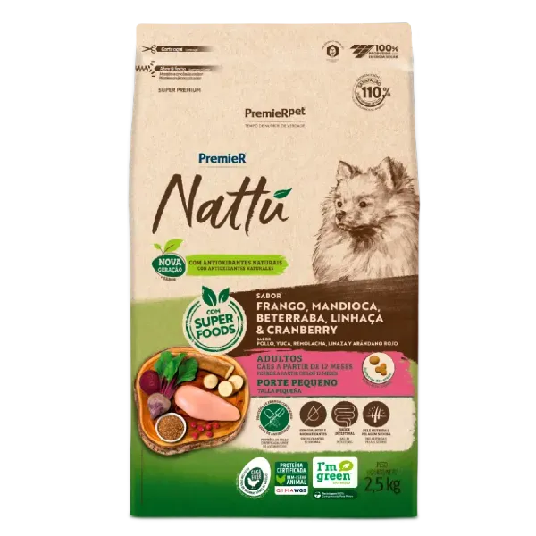 Ração Premier Nattu Cães Adultos Pequeno Porte Mandioca 2,5 kg
