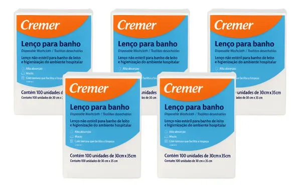 Lenço para Banho Cremer Pacote com 100 Unidades Higiene Corporal 500 Unidades