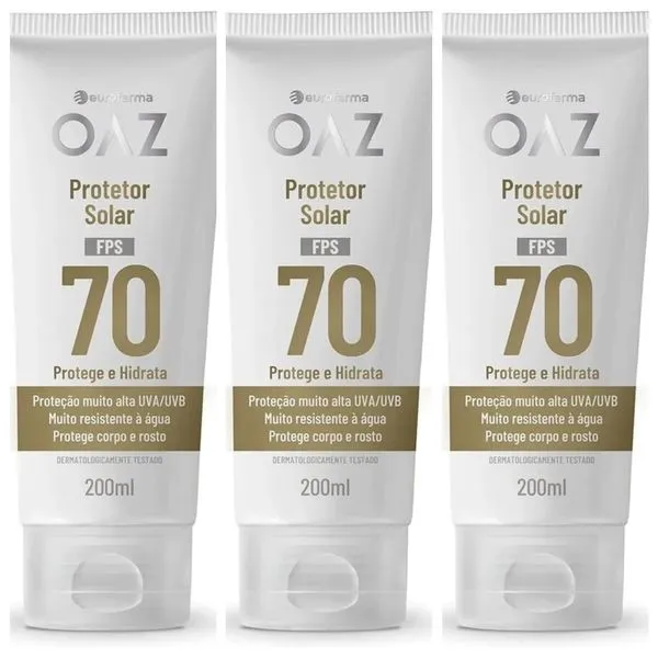 Kit com 3 Unidades de Oaz Protetor Solar para Corpo E Rosto 70fps 200ml Eurofarma