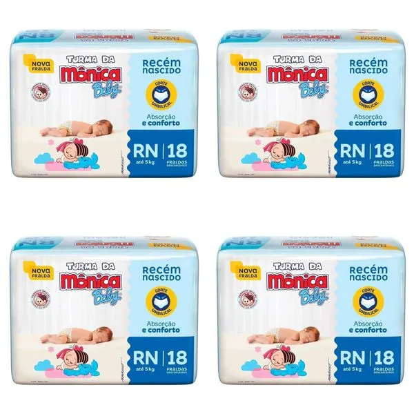 Kit 4 Fraldas Turma da Mônica Jumbinho Tamanho RN com 18 Unidades cada