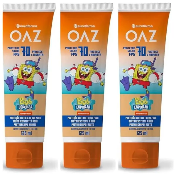 Kit com 3 Unidades de Protetor Solar Infantil Oaz FPS70 Bob Esponja 125ml
