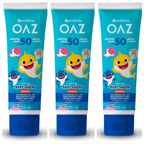 Kit com 3 Unidades de Protetor Solar Oaz FPS50 125ml Baby Shark