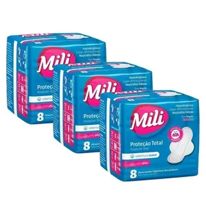 Kit 3x Absorvente Mili Proteção Total Cobertura Suave com Abas c/8 unidades cada