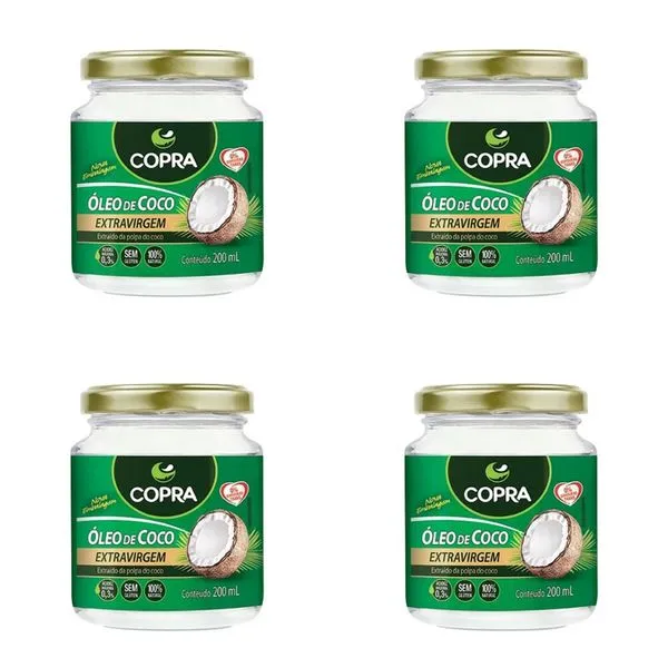 Kit c/4 Unidades de Óleo de Coco Extravirgem Copra Vidro 200ml