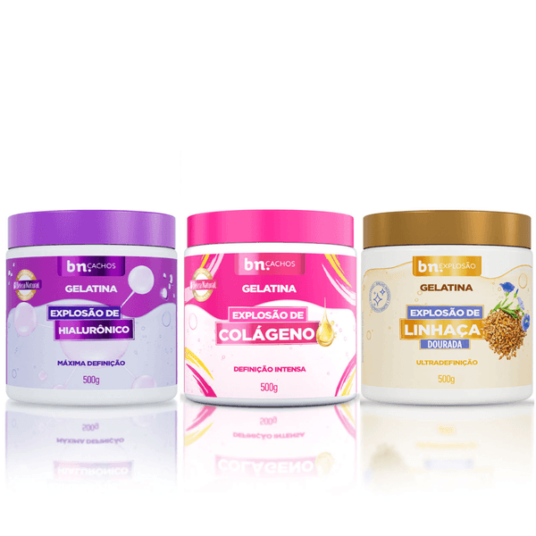 Kit Explosão de Gelatinas Colágeno + Linhaça Dourada + Hialurônico (3 itens) | bn.Cachos