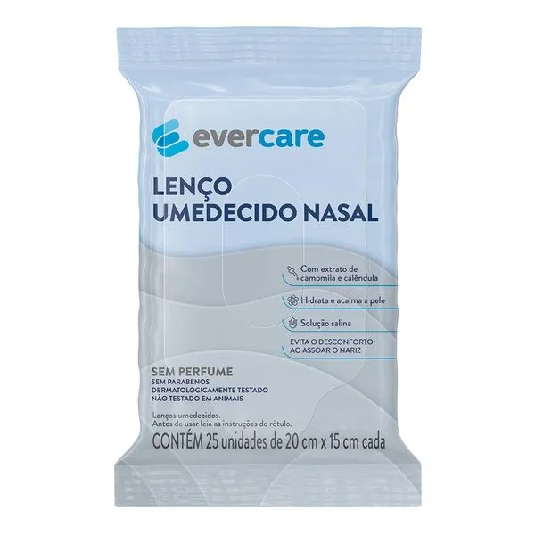 Lenço Umedecido Nasal Adulto Ever Care Sem Perfume 25 Unidades