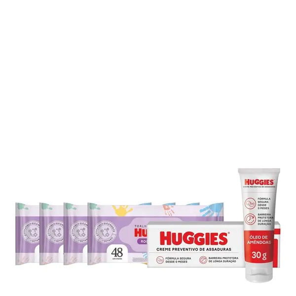 Kit Lenços Umedecidos Huggies Rosto e Corpo Hipoalergênico 4 Pacotes 48 Unidades + Creme Preventivo de Assaduras Huggies Pele Protegida 30g
