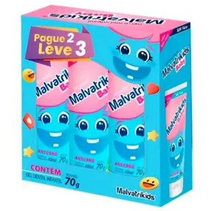 Kit Gel Dental Malvatrikids Baby Anticárie Sabor Tutti-Frutti sem Flúor 3 Unidades 70g cada