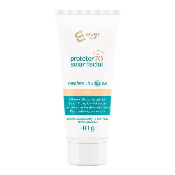 Protetor Solar Facial Ever Care FPS 70 com Cor Médio 40g
