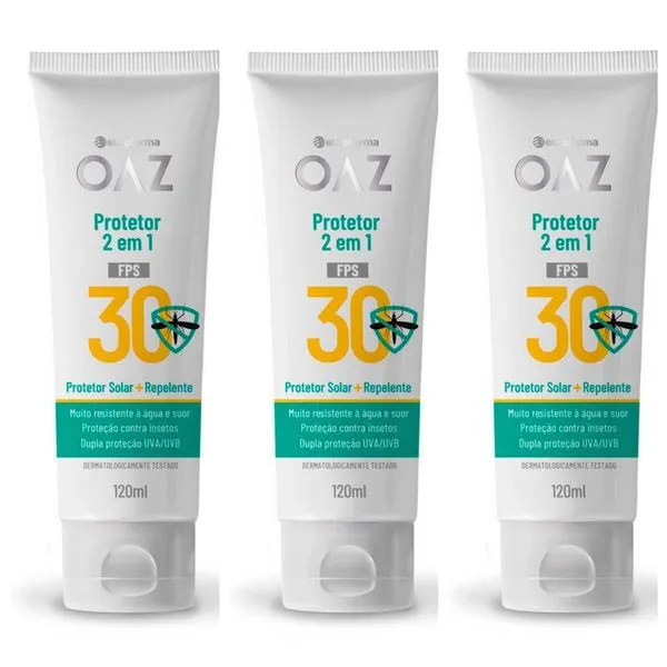 Kit com 3 Unidades de Protetor Solar 2 Em 1 Oaz Fps30 Repelente Com 120Ml Eurofarma