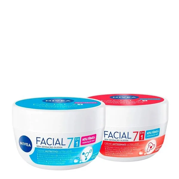 Kit Nivea Hidratante Facial Ultraleve 7 em 1 Antissinais + Nutritivo 100g Cada