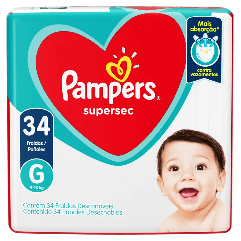 Pampers Fralda Descartável Supersec G 34 Unidades – Absorção Rápida 12h Antivazamento
