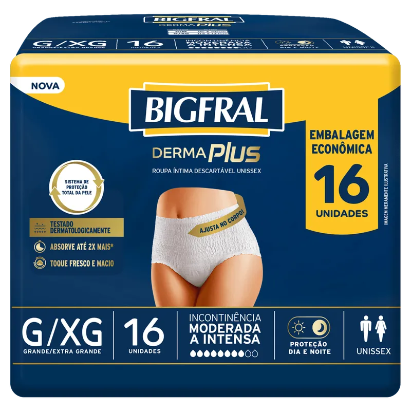 Roupa Íntima Descartável para Incontinência Unissex Bigfral Derma Plus G/XG - 16 Unidades