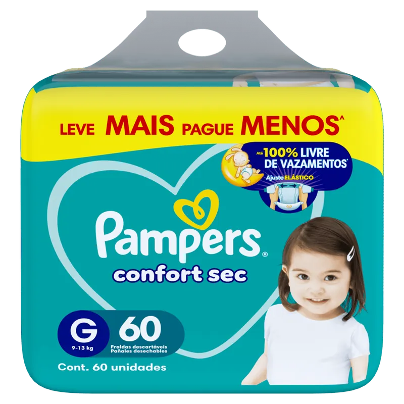 Pampers Fralda Descartável Confort Sec G 60 Unidades Alta Absorção Hipoalergênica