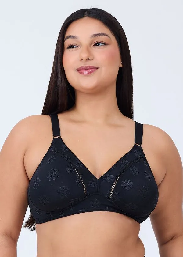 Sutiã Cobertura Total Sem Bojo E Sem Aro Em Microfibra Trabalhada Fio Lycra Summer Flower PRETO 50