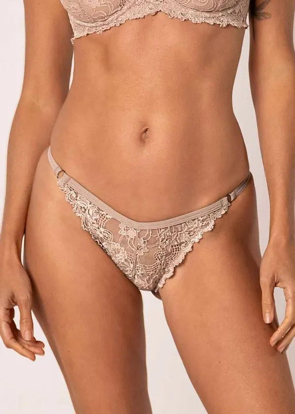 Calcinha String Fio Em Microfibra e Renda Jasmine BEIGE FONCÉ G